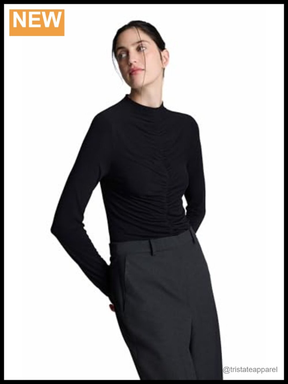 Long Sleeve Ruched Turtle Neck Knit Top Blouse Snug Fit Pullover